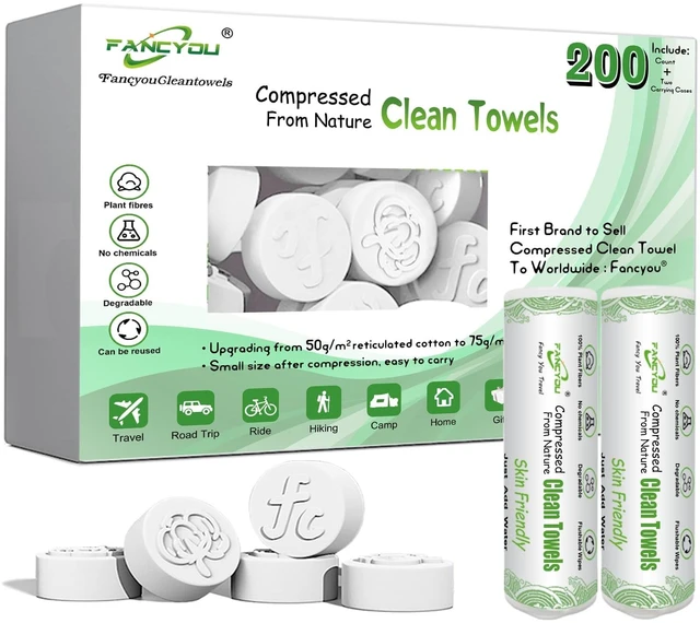 Main image of Compressed Towel Tablets 200 Count, Thicken Disposable Face Towel with 2 Carry Cases, Biodegradable & Compact, Cotton Clean Face Towels for Outdoor Camping Hiking Travel Gym BBQ Home