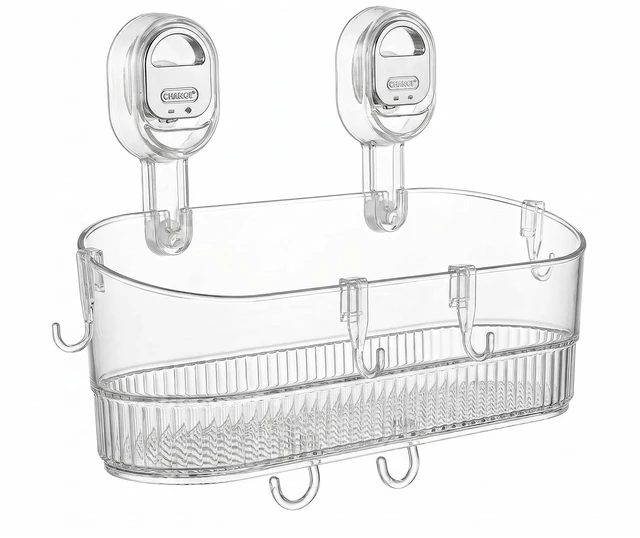 Main image of Suction Cup Shower Caddy with 6 Hooks, No Drill Shower Shelf | Features 6 hanging hooks for loofahs and razors. Clear waterproof bathroom organizer. No drill traceless suction design.