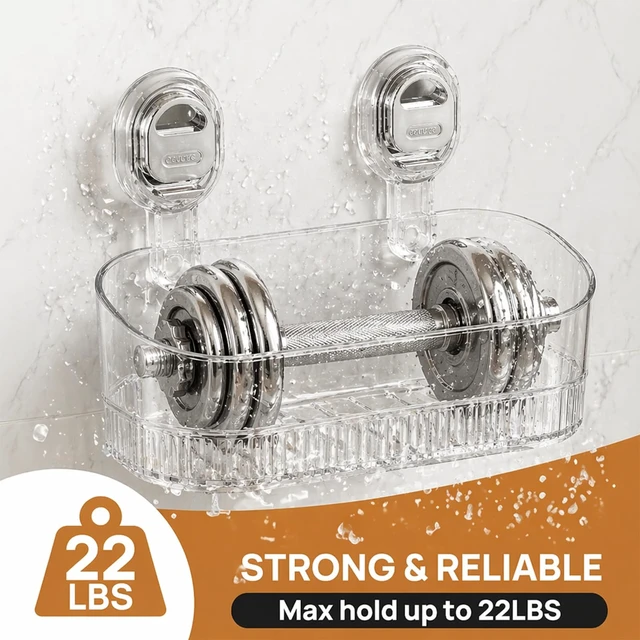 Alt view image 3 of 6 - Suction Cup Shower Caddy with 6 Hooks, No Drill Shower Shelf | Features 6 hanging hooks for loofahs and razors. Clear waterproof bathroom organizer. No drill traceless suction design.