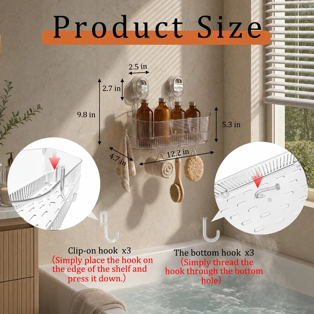Alt view image 2 of 6 - Suction Cup Shower Caddy with 6 Hooks, No Drill Shower Shelf | Features 6 hanging hooks for loofahs and razors. Clear waterproof bathroom organizer. No drill traceless suction design.