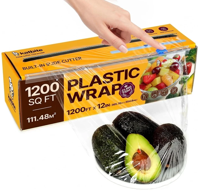 Main image of Plastic Wrap with Slide Cutter, 12 in x 1200 sq ft Cling Wrap | Food Service Clear Film Roll, Thick Enough Stronger Durable Stretch for Daily & Comercial Use, BPA-free
