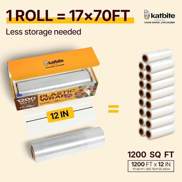 Alt view image 3 of 7 - Plastic Wrap with Slide Cutter, 12 in x 1200 sq ft Cling Wrap | Food Service Clear Film Roll, Thick Enough Stronger Durable Stretch for Daily & Comercial Use, BPA-free
