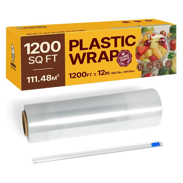 Alt view image 2 of 7 - Plastic Wrap with Slide Cutter, 12 in x 1200 sq ft Cling Wrap | Food Service Clear Film Roll, Thick Enough Stronger Durable Stretch for Daily & Comercial Use, BPA-free