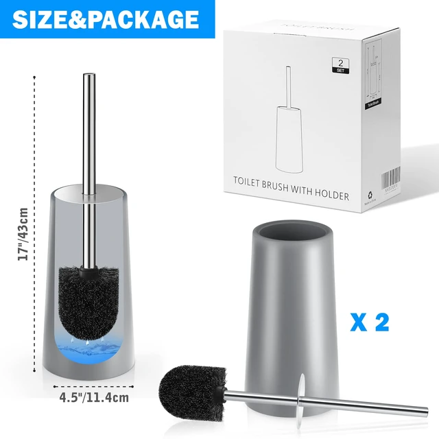 Alt view image 7 of 7 - Toilet Brush and Holder, 2 Pack Toilet Brush with 304 Stainless Steel Long Handle, Toilet Bowl Brush for Bathroom Toilet-Ergonomic, Elegant,Durable (Grey)
