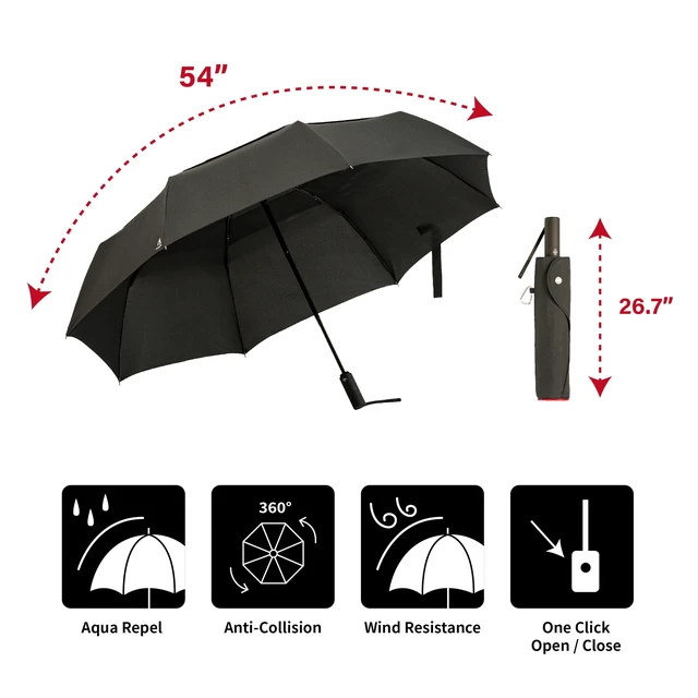 Alt view image 3 of 7 - Portobello Large Umbrella For Rain - Big 54 Inch Double Vented Canopy, Folds Into Travel Size, Big Enough To Fit In 2 Adults, Heavy Duty, Sturdy, Windproof W/Auto Open Close (Black)