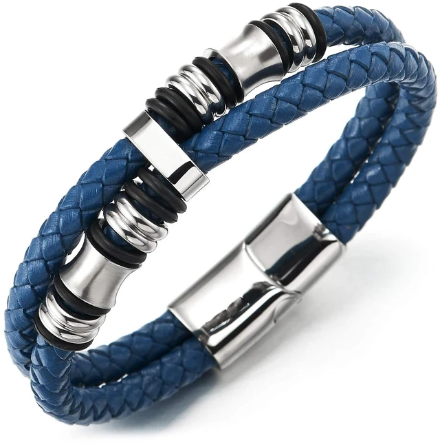 Main image of Blue Braided Leather Bracelet for Men, Double Strand with Stainless Steel Barrel Beads and Black Rubber Rings