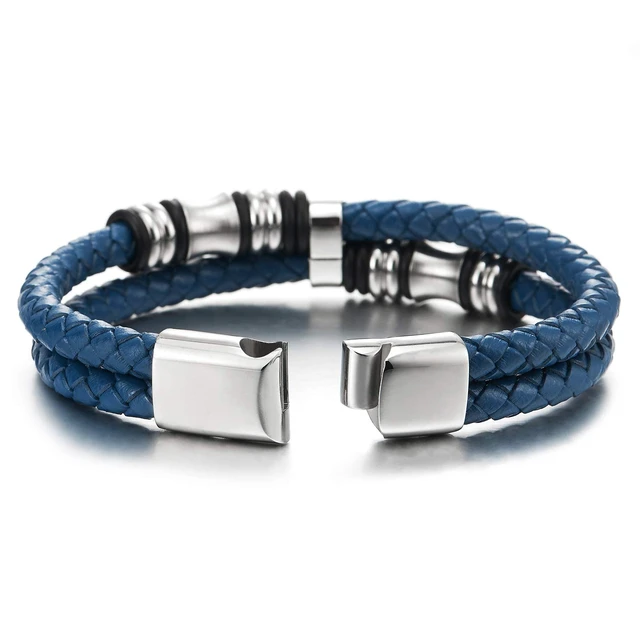 Alt view image 3 of 6 - Blue Braided Leather Bracelet for Men, Double Strand with Stainless Steel Barrel Beads and Black Rubber Rings