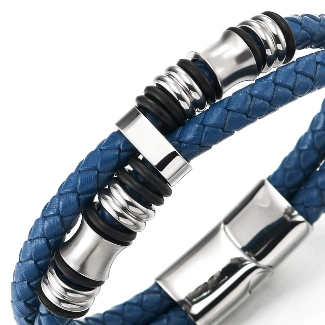 Alt view image 2 of 6 - Blue Braided Leather Bracelet for Men, Double Strand with Stainless Steel Barrel Beads and Black Rubber Rings