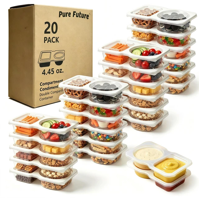 Main image of 20-Pack 2-Compartment Snack Containers with Lids (40 Pieces) | Reusable Meal Prep Lunch Boxes for Portion Control, Microwave Safe Snack Pack, Ideal for Office, Gym, Travel Use