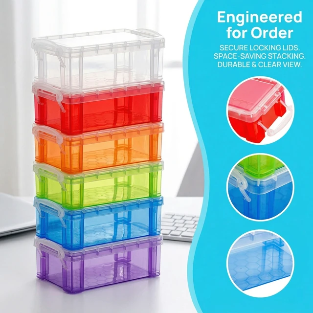 Alt view image 6 of 7 - 12 Pack Small Plastic Storage Box with Lid, 5.3"x3"x2" Stackable Clear Latch Storage Case Bins Organizer Container for Craft Items, Jewelry Beads, 6 Colors