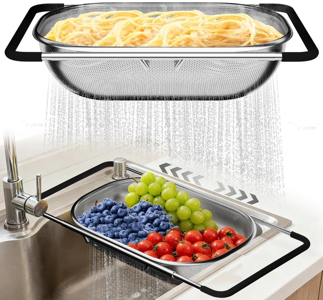 Main image of Over the Sink Colander - Strainers and Colanders - Sink Strainer Basket - Expandable Fine Mesh Strainer with Rubber Grip for Veggie, Fruits, Pasta, Home Kitchen Essentials (9.5W x 13.4-21.3L x 3.3H)