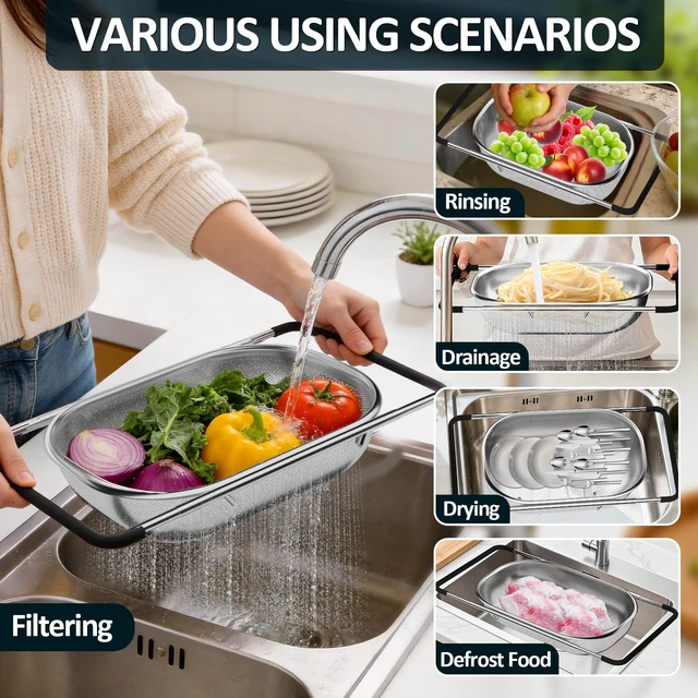 Alt view image 2 of 7 - Over the Sink Colander - Strainers and Colanders - Sink Strainer Basket - Expandable Fine Mesh Strainer with Rubber Grip for Veggie, Fruits, Pasta, Home Kitchen Essentials (9.5W x 13.4-21.3L x 3.3H)