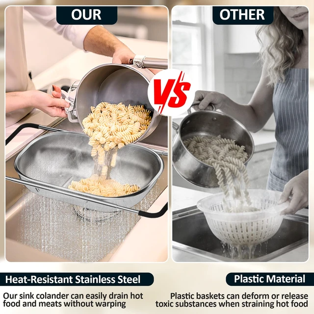 Alt view image 3 of 7 - Over the Sink Colander - Strainers and Colanders - Sink Strainer Basket - Expandable Fine Mesh Strainer with Rubber Grip for Veggie, Fruits, Pasta, Home Kitchen Essentials (9.5W x 13.4-21.3L x 3.3H)