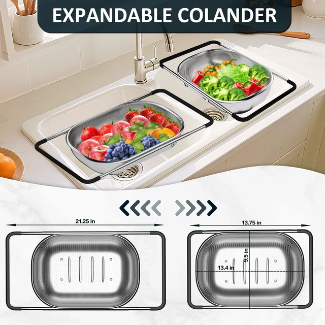 Alt view image 6 of 7 - Over the Sink Colander - Strainers and Colanders - Sink Strainer Basket - Expandable Fine Mesh Strainer with Rubber Grip for Veggie, Fruits, Pasta, Home Kitchen Essentials (9.5W x 13.4-21.3L x 3.3H)