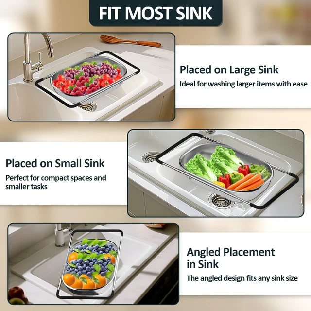 Alt view image 5 of 7 - Over the Sink Colander - Strainers and Colanders - Sink Strainer Basket - Expandable Fine Mesh Strainer with Rubber Grip for Veggie, Fruits, Pasta, Home Kitchen Essentials (9.5W x 13.4-21.3L x 3.3H)