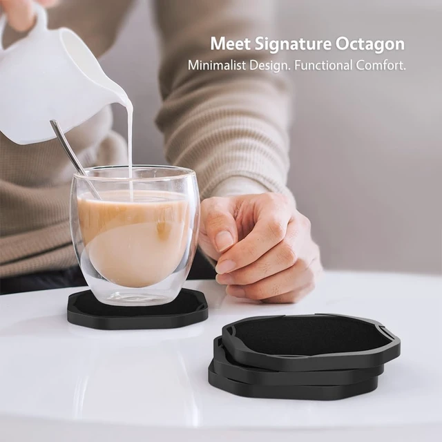 Alt view image 2 of 6 - Absorbent Felt & Silicone Drink Cup Coasters Set of 6 with Holder | Leakproof & Non-Slip Base, Non-Stick, for Coffee Table, Office Desk, Home Bar, Kitchen Decor & Accessories, Black Octagon 4"
