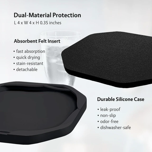 Alt view image 3 of 6 - Absorbent Felt & Silicone Drink Cup Coasters Set of 6 with Holder | Leakproof & Non-Slip Base, Non-Stick, for Coffee Table, Office Desk, Home Bar, Kitchen Decor & Accessories, Black Octagon 4"
