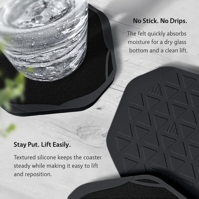 Alt view image 5 of 6 - Absorbent Felt & Silicone Drink Cup Coasters Set of 6 with Holder | Leakproof & Non-Slip Base, Non-Stick, for Coffee Table, Office Desk, Home Bar, Kitchen Decor & Accessories, Black Octagon 4"