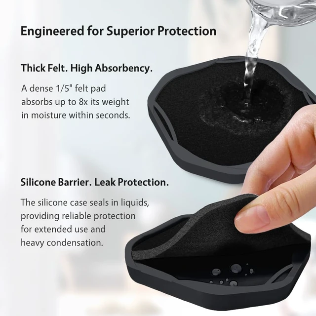 Alt view image 4 of 6 - Absorbent Felt & Silicone Drink Cup Coasters Set of 6 with Holder | Leakproof & Non-Slip Base, Non-Stick, for Coffee Table, Office Desk, Home Bar, Kitchen Decor & Accessories, Black Octagon 4"
