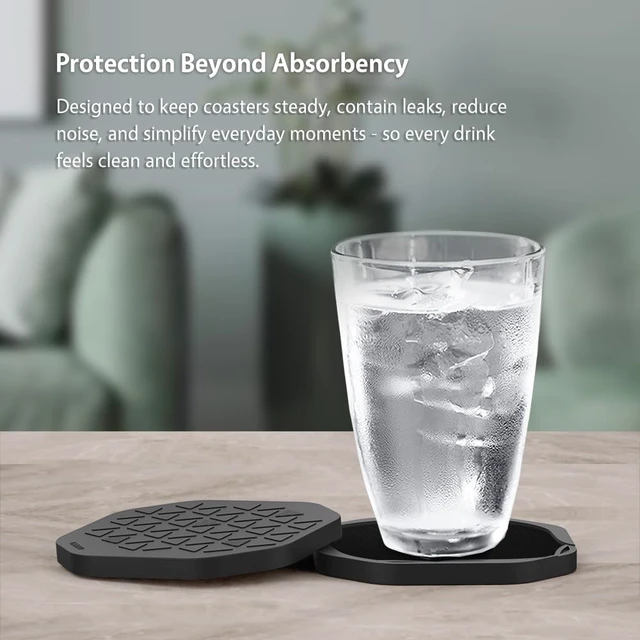 Alt view image 6 of 6 - Absorbent Felt & Silicone Drink Cup Coasters Set of 6 with Holder | Leakproof & Non-Slip Base, Non-Stick, for Coffee Table, Office Desk, Home Bar, Kitchen Decor & Accessories, Black Octagon 4"