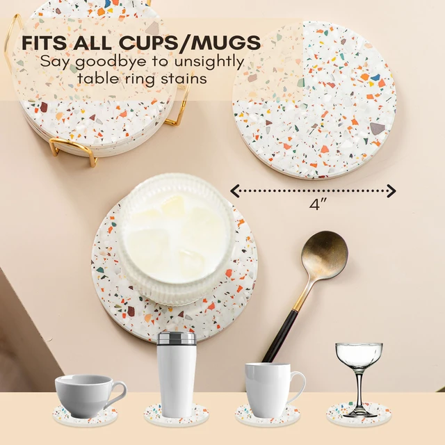 Alt view image 3 of 7 - Terrazzo Coasters Set of 6, Colorful Boho Absorbent Ceramic Coasters | Speckled terrazzo drink coasters for coffee table & desk; moisture-absorbing stone, boho home decor, housewarming gift