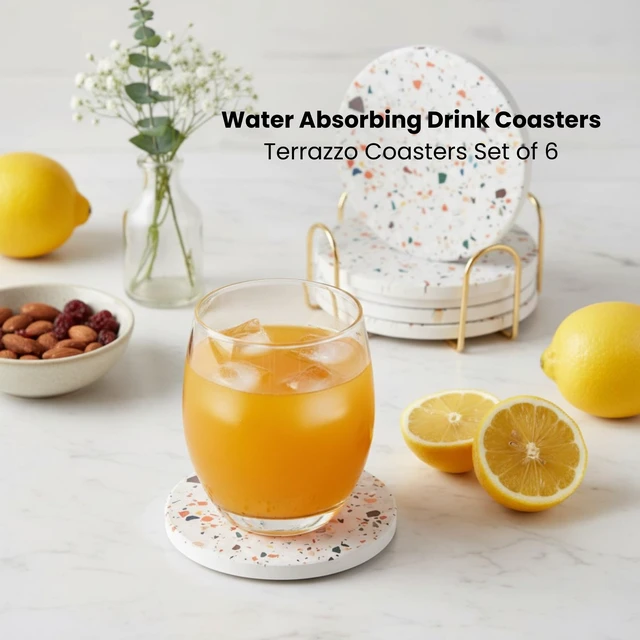 Alt view image 6 of 7 - Terrazzo Coasters Set of 6, Colorful Boho Absorbent Ceramic Coasters | Speckled terrazzo drink coasters for coffee table & desk; moisture-absorbing stone, boho home decor, housewarming gift