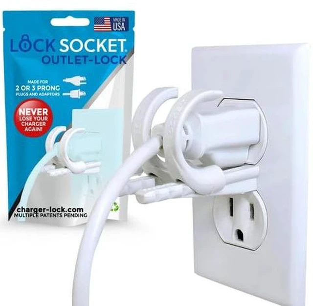 Main image of Adjustable Outlet Cover Lock - White | Anti-Theft, Child-Safe Plug Lock | Secures 2 or 3 Pronged Plug & Adaptors, Includes Security Screw & Allen Wrench | Secures Most Cords | Made in USA