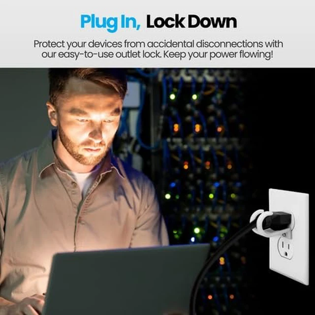 Alt view image 2 of 6 - Adjustable Outlet Cover Lock - White | Anti-Theft, Child-Safe Plug Lock | Secures 2 or 3 Pronged Plug & Adaptors, Includes Security Screw & Allen Wrench | Secures Most Cords | Made in USA