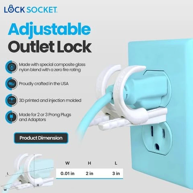 Alt view image 3 of 6 - Adjustable Outlet Cover Lock - White | Anti-Theft, Child-Safe Plug Lock | Secures 2 or 3 Pronged Plug & Adaptors, Includes Security Screw & Allen Wrench | Secures Most Cords | Made in USA