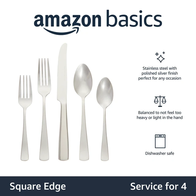 Alt view image 2 of 5 - 20-Piece Stainless Steel Flatware Set with Square Edge, Dishwasher Safe, Simple Design, Service for 4, Silver