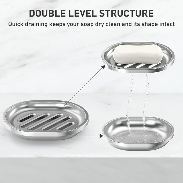Alt view image 2 of 7 - Stainless Steel Soap Dish, 2 Pack, Large Double-Layer Draining Tray | Metal Bar Soap Dish for Bathroom, Shower, Kitchen Sink Counter, Container for Sponges, Steel wool, Scrub brushes, Anti-Rust