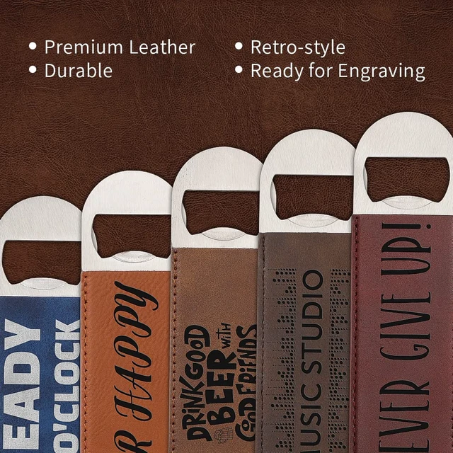 Alt view image 2 of 6 - 8 Pack Leather Flat Bottle Opener 7" Yellow Brown for Engraving | Laser Engraving Ready, DTF Transfer Compatible, Custom Stainless Steel Opener for Kitchen,Bar,Restaurant or Home