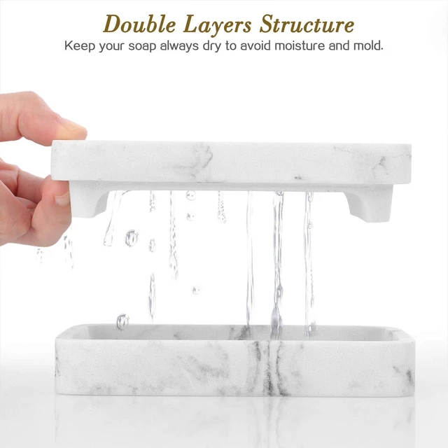 Alt view image 2 of 7 - Soap Dish, Dual-Layer Resin Bar Soap Tray Container Box Case Holder | with Detachable Slotted Draining Board Small Tray for Bathroom Kitchen Shower Bathtub Sinks Counter-top - White Marble