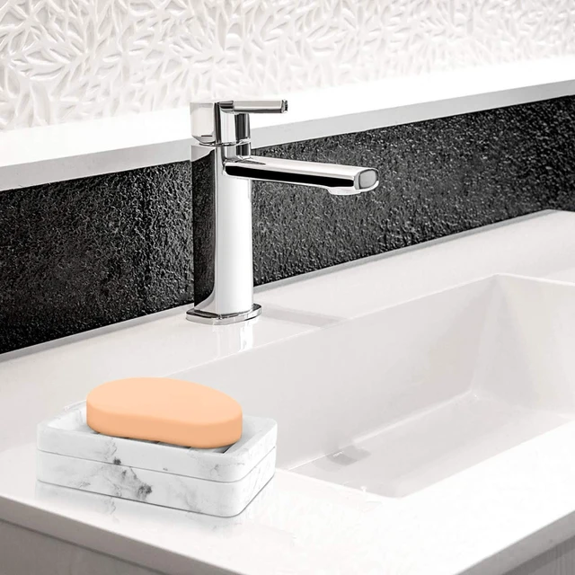 Alt view image 7 of 7 - Soap Dish, Dual-Layer Resin Bar Soap Tray Container Box Case Holder | with Detachable Slotted Draining Board Small Tray for Bathroom Kitchen Shower Bathtub Sinks Counter-top - White Marble