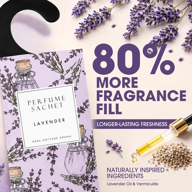 Alt view image 3 of 7 - Large 12 Packs Lavender Hanging Scented Sachets Long-Lasting Closet Deodorizer Air Freshener Fabric Refresher Odor Eliminator for Drawer Home Fragrance Gift Set