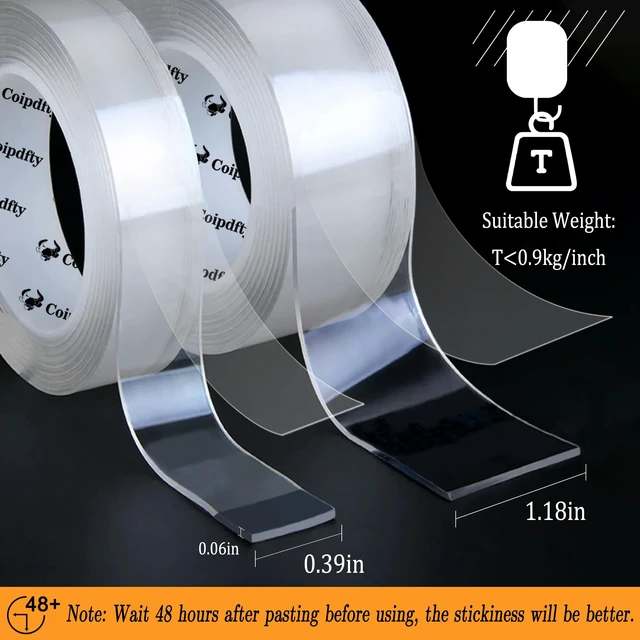 Alt view image 2 of 7 - Double Sided Tape Heavy Duty for Wall Decor No Damage to Paint,Clear Removable Mounting Tape,Nano Two Sided Adhesive Tape,Picture Hanging Strips for Posters,Stickers -2Rolls(1.18in*6.5FT+0.39in*6.5FT)