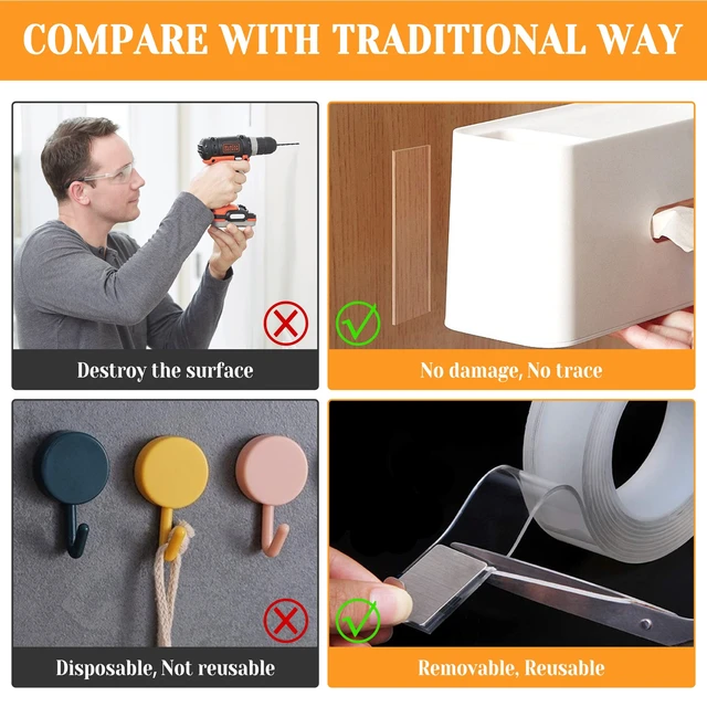 Alt view image 6 of 7 - Double Sided Tape Heavy Duty for Wall Decor No Damage to Paint,Clear Removable Mounting Tape,Nano Two Sided Adhesive Tape,Picture Hanging Strips for Posters,Stickers -2Rolls(1.18in*6.5FT+0.39in*6.5FT)