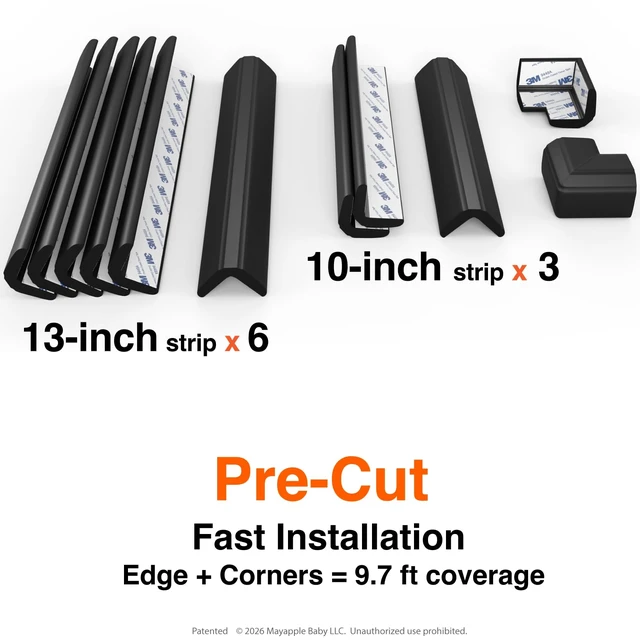 Alt view image 5 of 6 - Fireplace Edge Corner Protector, Extra-Wide 9ft Edge 2 Corners | PreFit Pre-taped Baby Proofing Safety Bumper Guard for Brick/Stone, Soft Rubber Foam, 3M Adhesive, BPA-free, Onyx Black