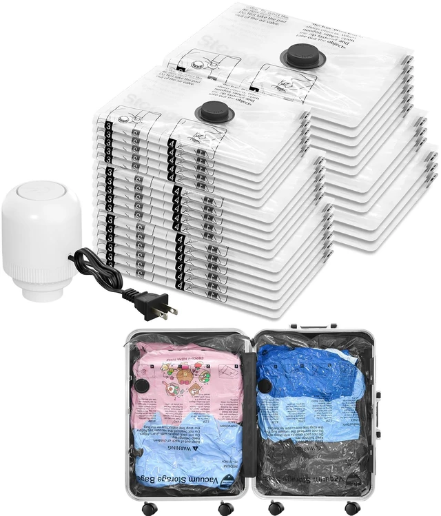 Main image of Vacuum Seal Bags for Clothing Travel and Home Storage, Travel Vacuum Bags with Electric Pump, Space Saver Compression Packing Cubes for Luggage Suitcase Bedding Blankets Clothes, 28 Combo