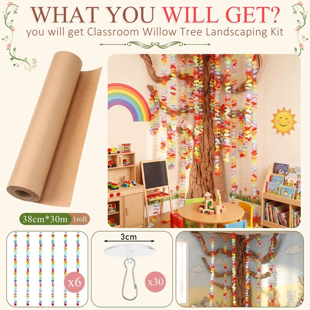 Alt view image 2 of 7 - Classroom Tree Bulletin Board Set DIY 3D Classroom Ceiling Wall Decor with Kraft Paper & Mounted Traceless Hooks for Jungle Safari Hawaiian Luau Party Supplies(Hibiscus)