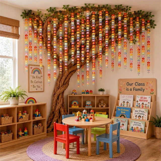 Alt view image 3 of 7 - Classroom Tree Bulletin Board Set DIY 3D Classroom Ceiling Wall Decor with Kraft Paper & Mounted Traceless Hooks for Jungle Safari Hawaiian Luau Party Supplies(Hibiscus)