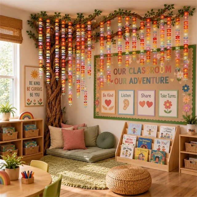 Alt view image 4 of 7 - Classroom Tree Bulletin Board Set DIY 3D Classroom Ceiling Wall Decor with Kraft Paper & Mounted Traceless Hooks for Jungle Safari Hawaiian Luau Party Supplies(Hibiscus)