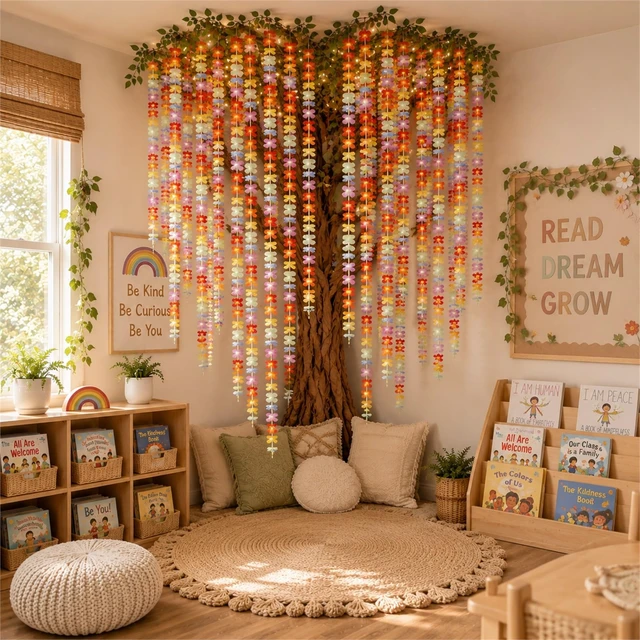 Alt view image 5 of 7 - Classroom Tree Bulletin Board Set DIY 3D Classroom Ceiling Wall Decor with Kraft Paper & Mounted Traceless Hooks for Jungle Safari Hawaiian Luau Party Supplies(Hibiscus)