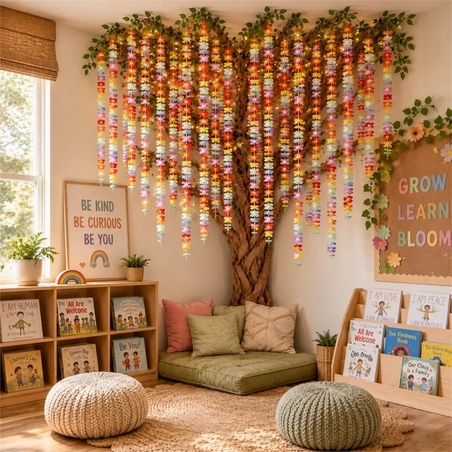 Alt view image 6 of 7 - Classroom Tree Bulletin Board Set DIY 3D Classroom Ceiling Wall Decor with Kraft Paper & Mounted Traceless Hooks for Jungle Safari Hawaiian Luau Party Supplies(Hibiscus)