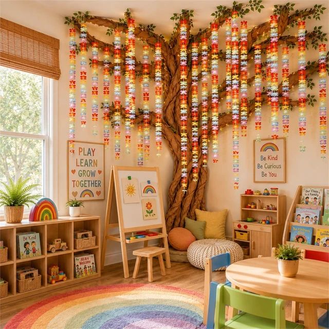 Alt view image 7 of 7 - Classroom Tree Bulletin Board Set DIY 3D Classroom Ceiling Wall Decor with Kraft Paper & Mounted Traceless Hooks for Jungle Safari Hawaiian Luau Party Supplies(Hibiscus)