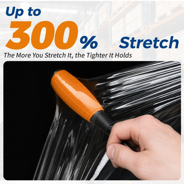 Alt view image 3 of 7 - Stretch Wrap Roll, 15 in x 1000 Ft Plastic Wrap for Moving Furniture | 60 Gauge, 300% Stretch, Industrial Strength Clear Plastic Wrap with Handles for Industrial Plastic Pallet Cling, Moving
