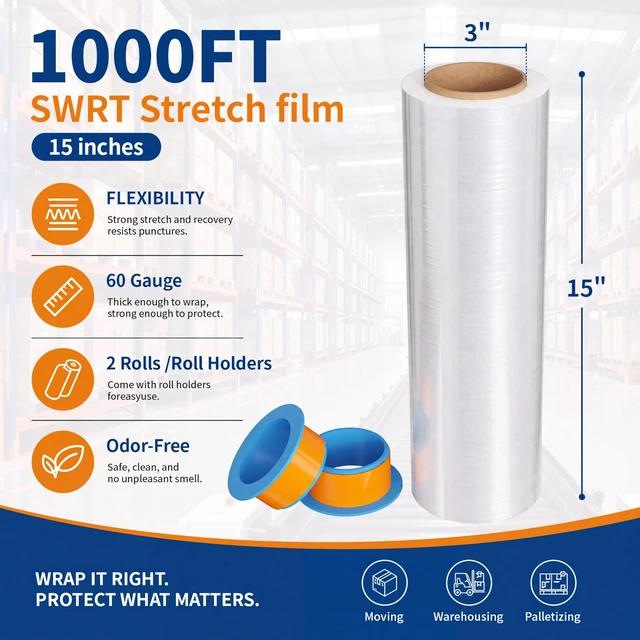 Alt view image 2 of 7 - Stretch Wrap Roll, 15 in x 1000 Ft Plastic Wrap for Moving Furniture | 60 Gauge, 300% Stretch, Industrial Strength Clear Plastic Wrap with Handles for Industrial Plastic Pallet Cling, Moving