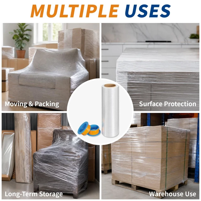 Alt view image 4 of 7 - Stretch Wrap Roll, 15 in x 1000 Ft Plastic Wrap for Moving Furniture | 60 Gauge, 300% Stretch, Industrial Strength Clear Plastic Wrap with Handles for Industrial Plastic Pallet Cling, Moving