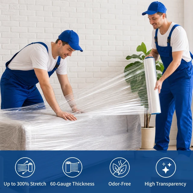 Alt view image 5 of 7 - Stretch Wrap Roll, 15 in x 1000 Ft Plastic Wrap for Moving Furniture | 60 Gauge, 300% Stretch, Industrial Strength Clear Plastic Wrap with Handles for Industrial Plastic Pallet Cling, Moving