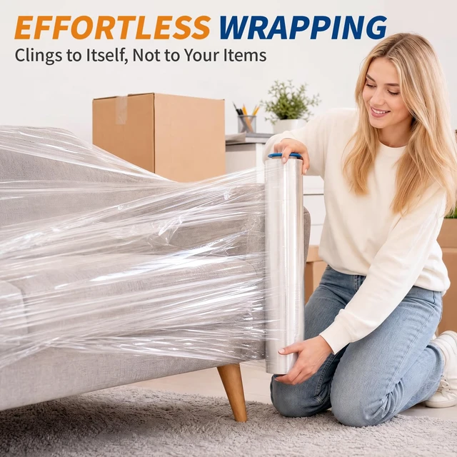 Alt view image 7 of 7 - Stretch Wrap Roll, 15 in x 1000 Ft Plastic Wrap for Moving Furniture | 60 Gauge, 300% Stretch, Industrial Strength Clear Plastic Wrap with Handles for Industrial Plastic Pallet Cling, Moving